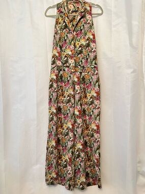 Betelgeuse Linen Blend Tropical Bird and Floral Halter Jumpsuit Size 4-6